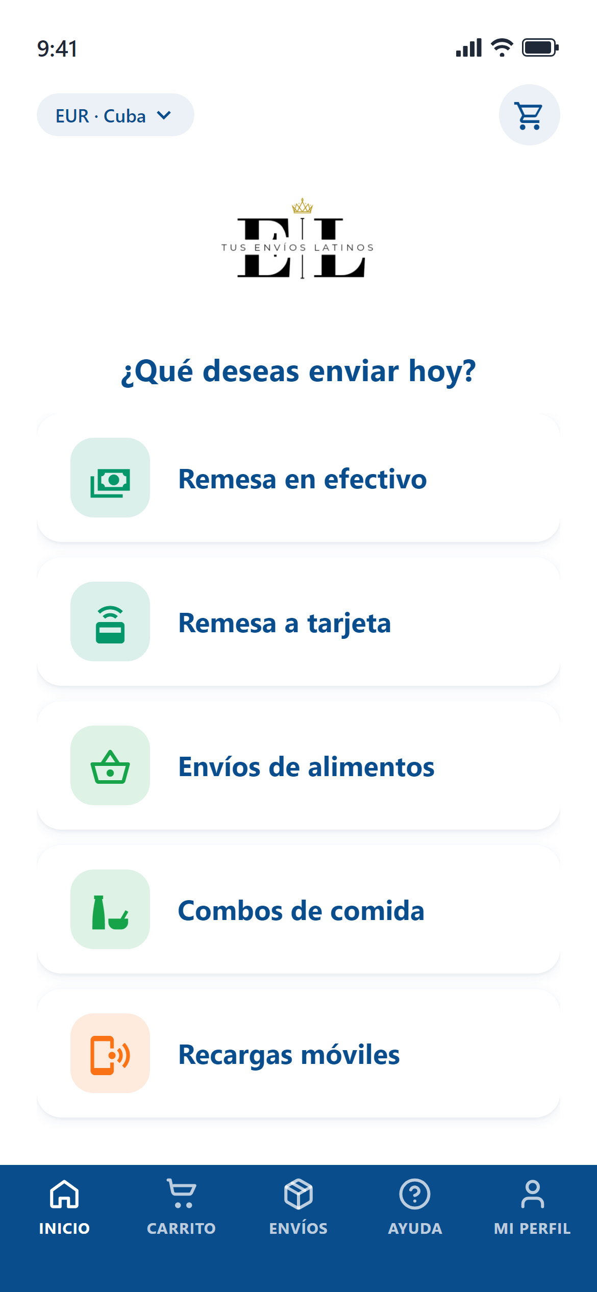 Pantalla de inicio de la app web Tus Envíos Latinos — ¿Qué deseas enviar hoy?